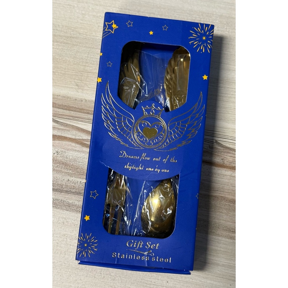 NIB Angels Wings Baby Spoon and Fork Gift Set Gold Tone Stainless Steel - Picture 5 of 10